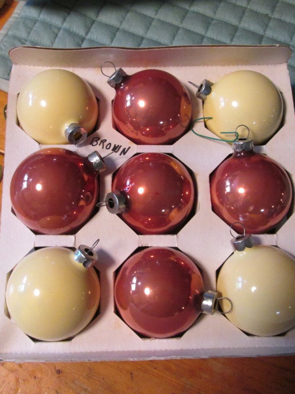 rare box of 9 copper ivory MCM  mercury blown glass silver top ornaments